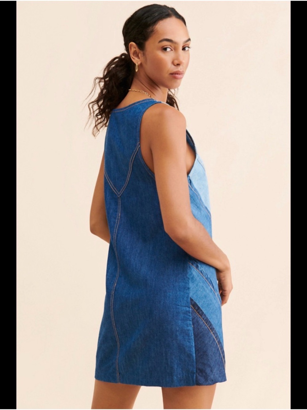 Free People Two-Tone Blue Patchwork Denim Mini Dress XS - Picture 3 of 10